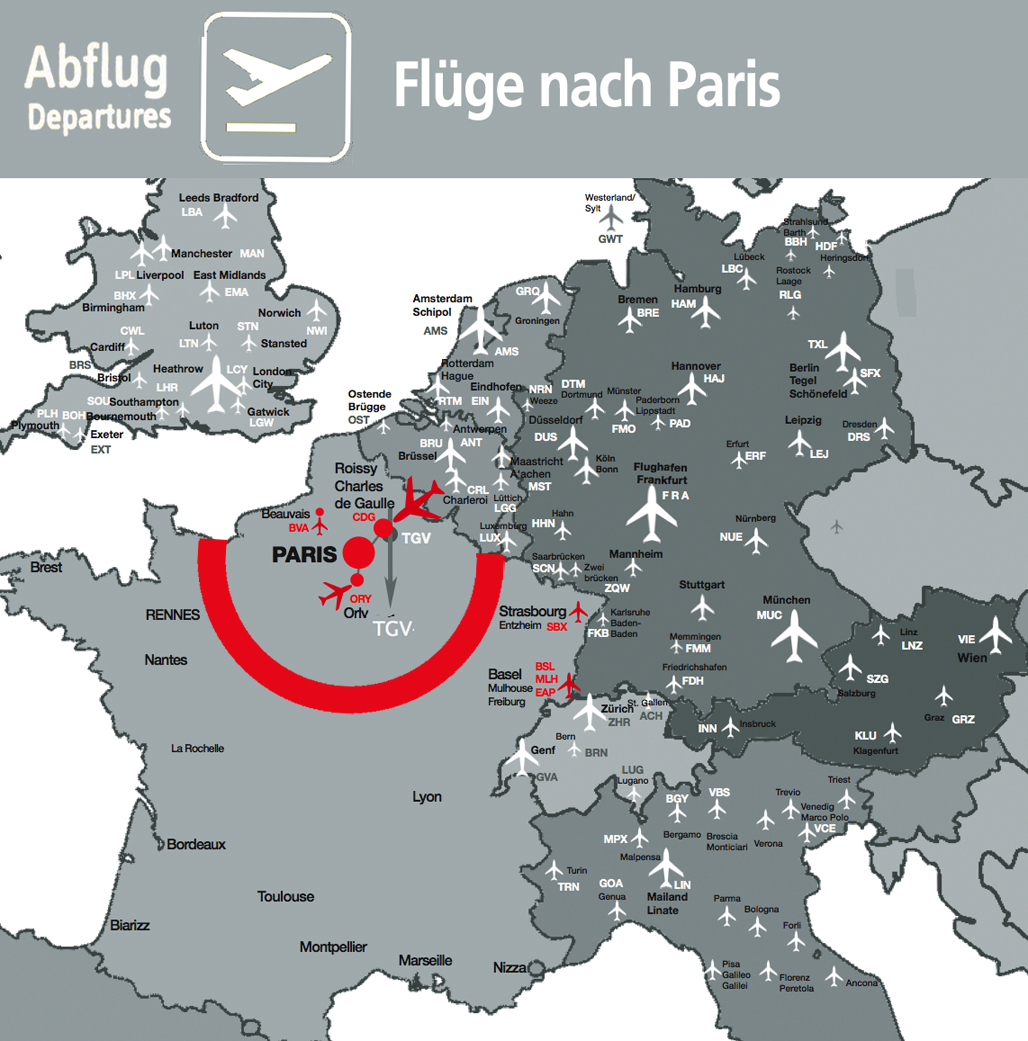 Alle Flüge nach Paris Orly u. Paris Charles de Gaulle Map Karte Alle Verkehrsfllughäfen Deutschland Österreich Schweiz England Italien. Günstigster Flug nach Paris!